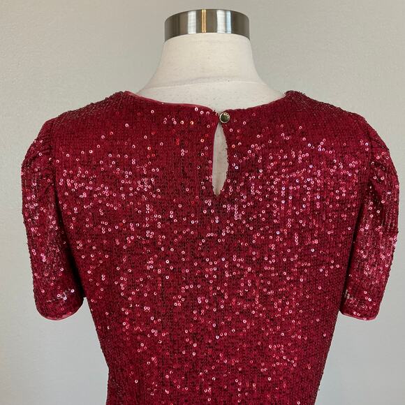 DKNY Red Sequined Cocktail Dress Size 14 Knee Length Short Sleeve Shift - Picture 6 of 11